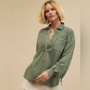 Aerie Long Sleeve Polo Henley Top with Pocket, Cotton army green oversized small